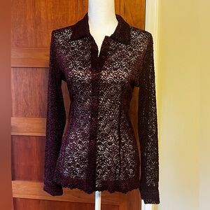 Oxblood / burgundy open lace button in front top